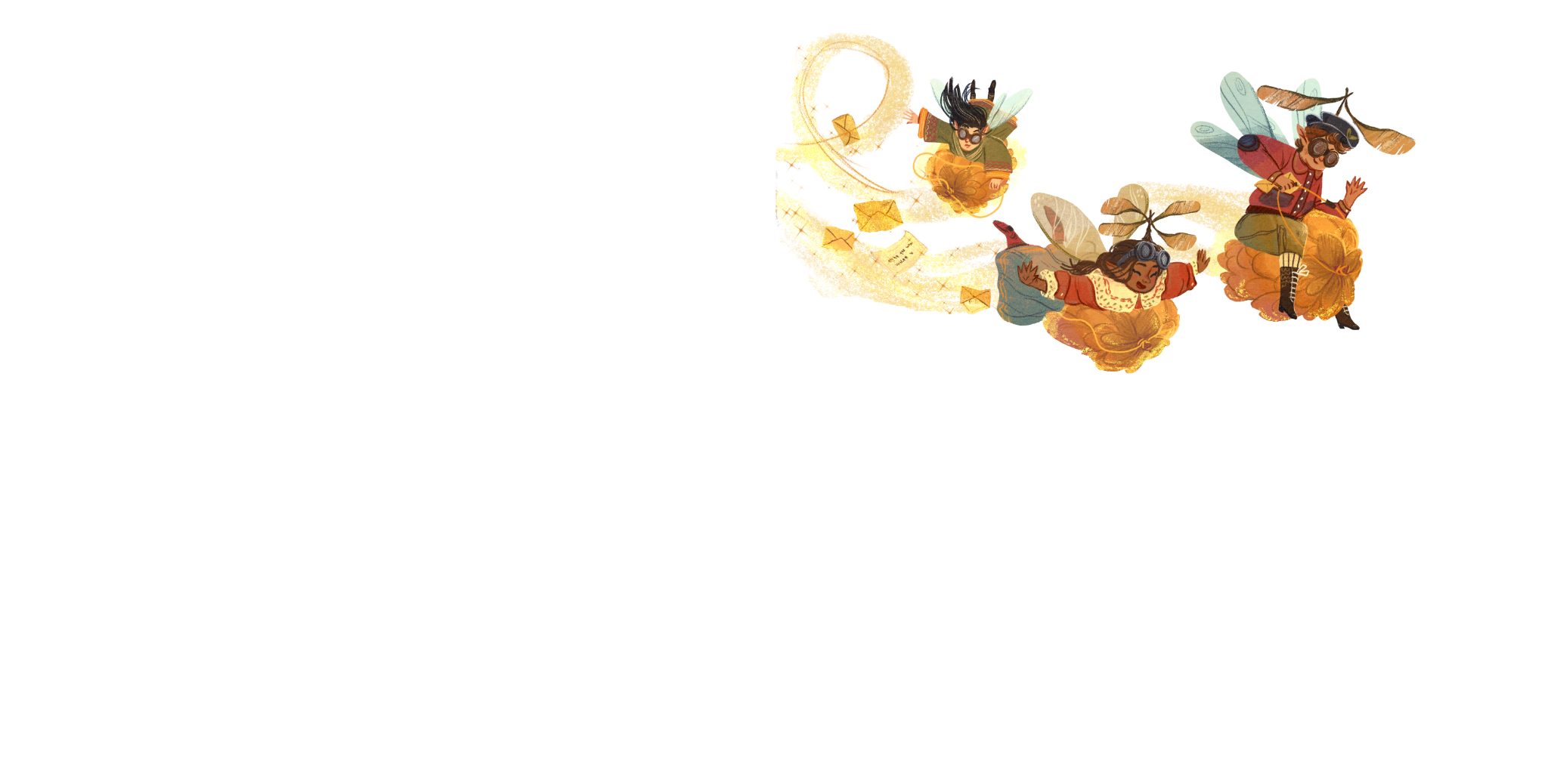 Pinecone Pilots flying on golden pinecones with a sparkling trail