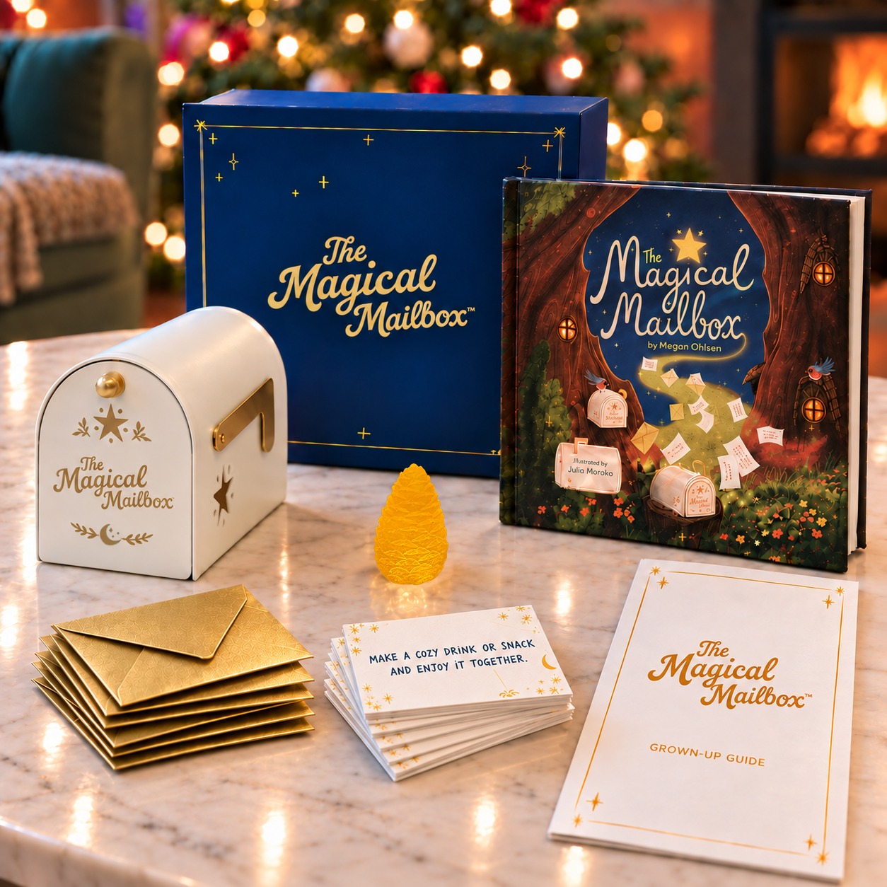 The Magical Mailbox set with its mailbox, pinecone, storybook, notes, envelopes, keepsake box, and grown-up guide